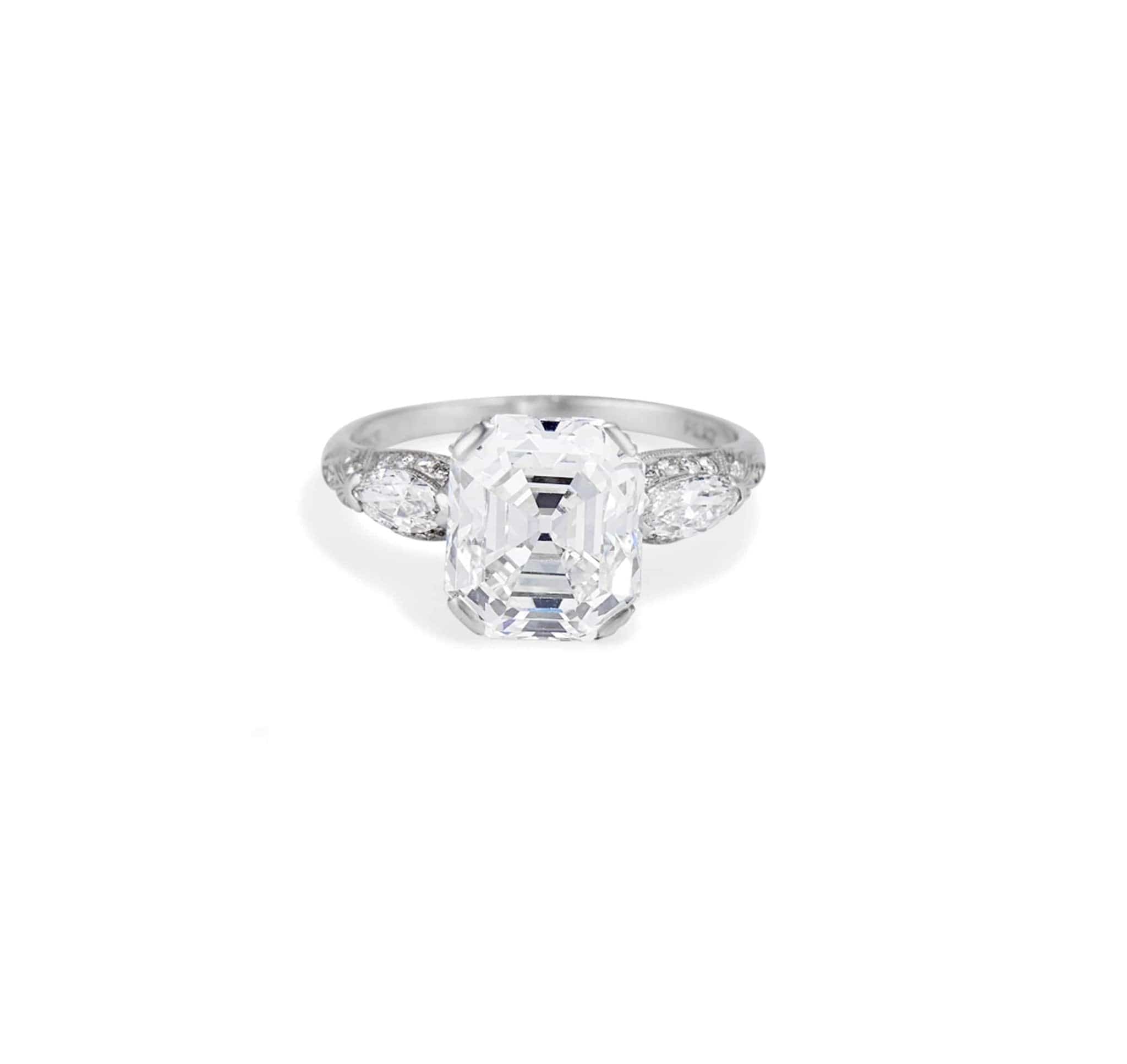 Impressive Art Deco 4.77 Carat Asscher Cut Diamond Ring