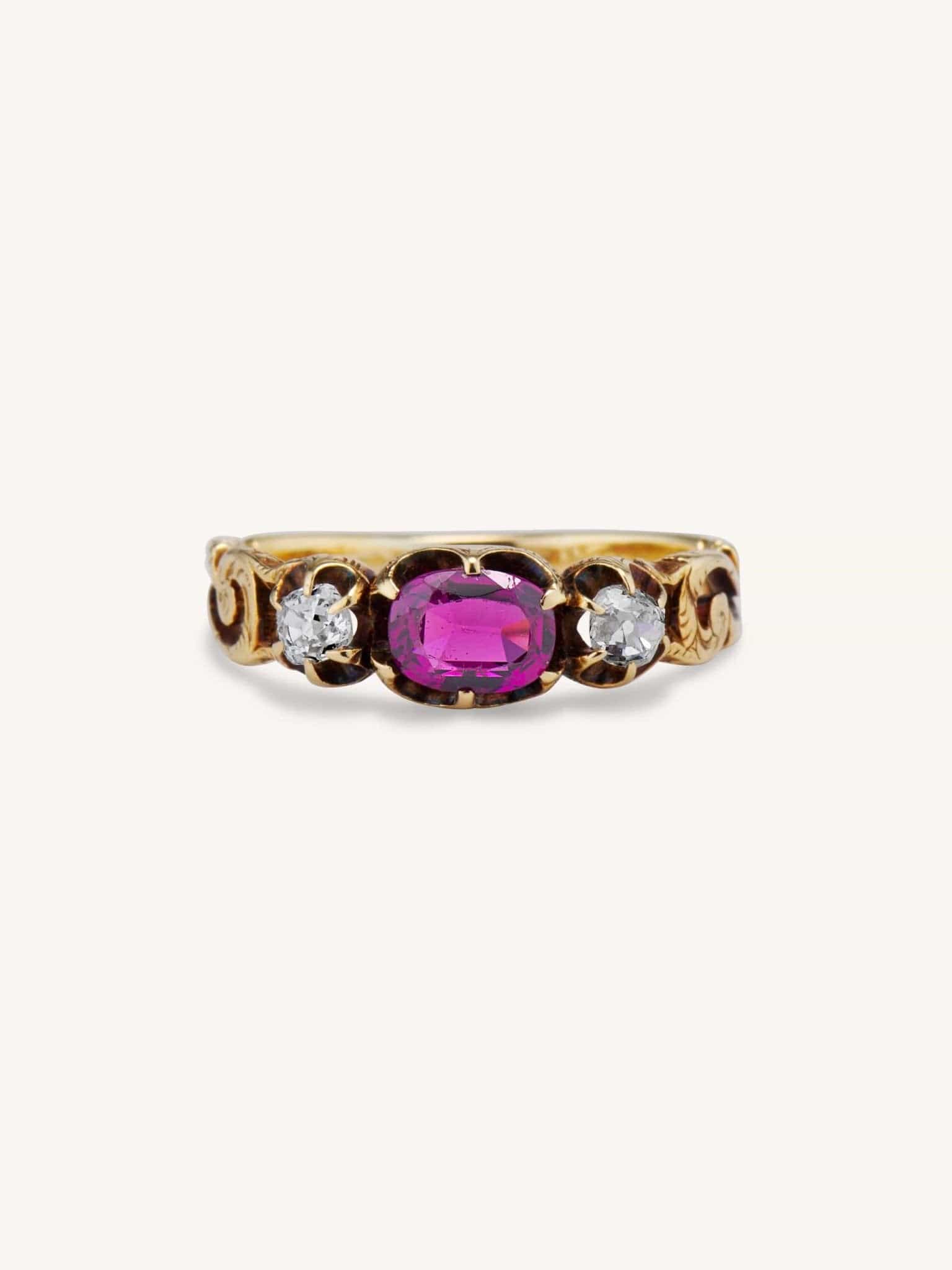 Victorian Garnet & Old Mine Diamond Three Stone Ring