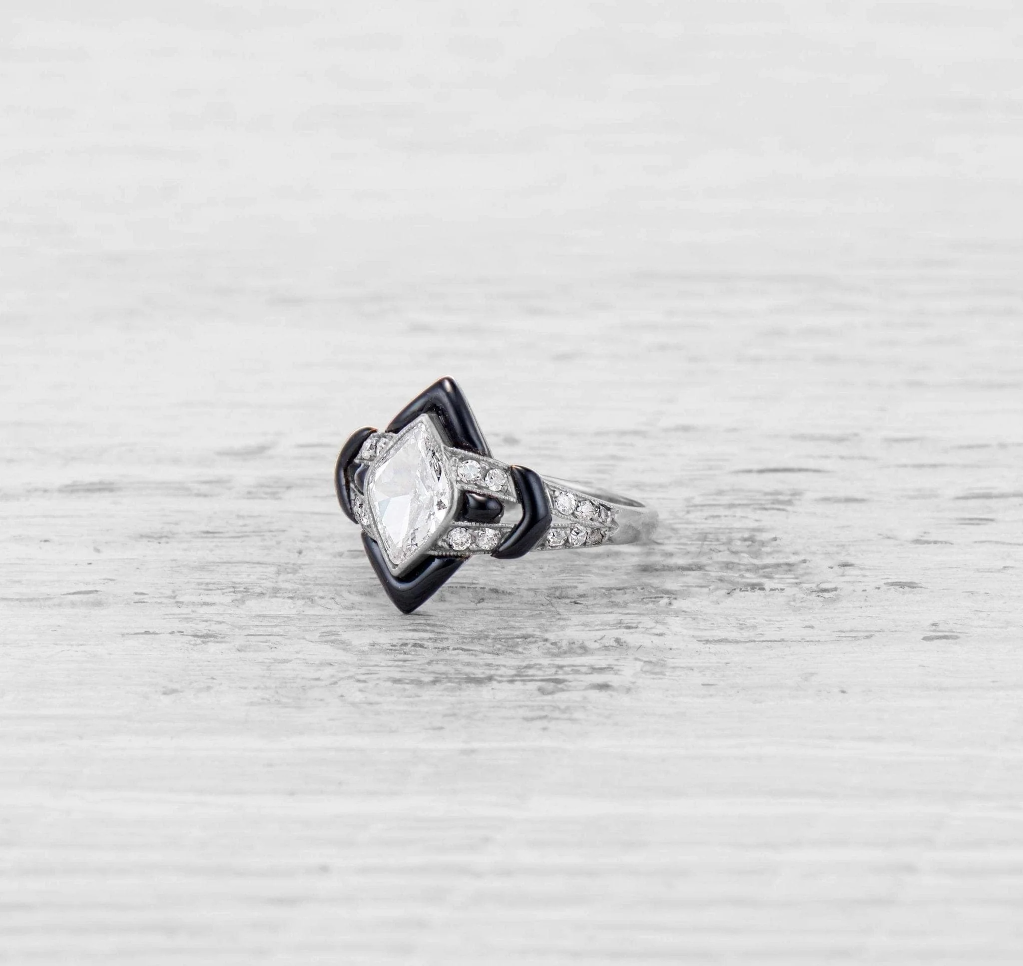 ART DECO DIAMOND AND BLACK ENAMEL ENGAGEMENT RING