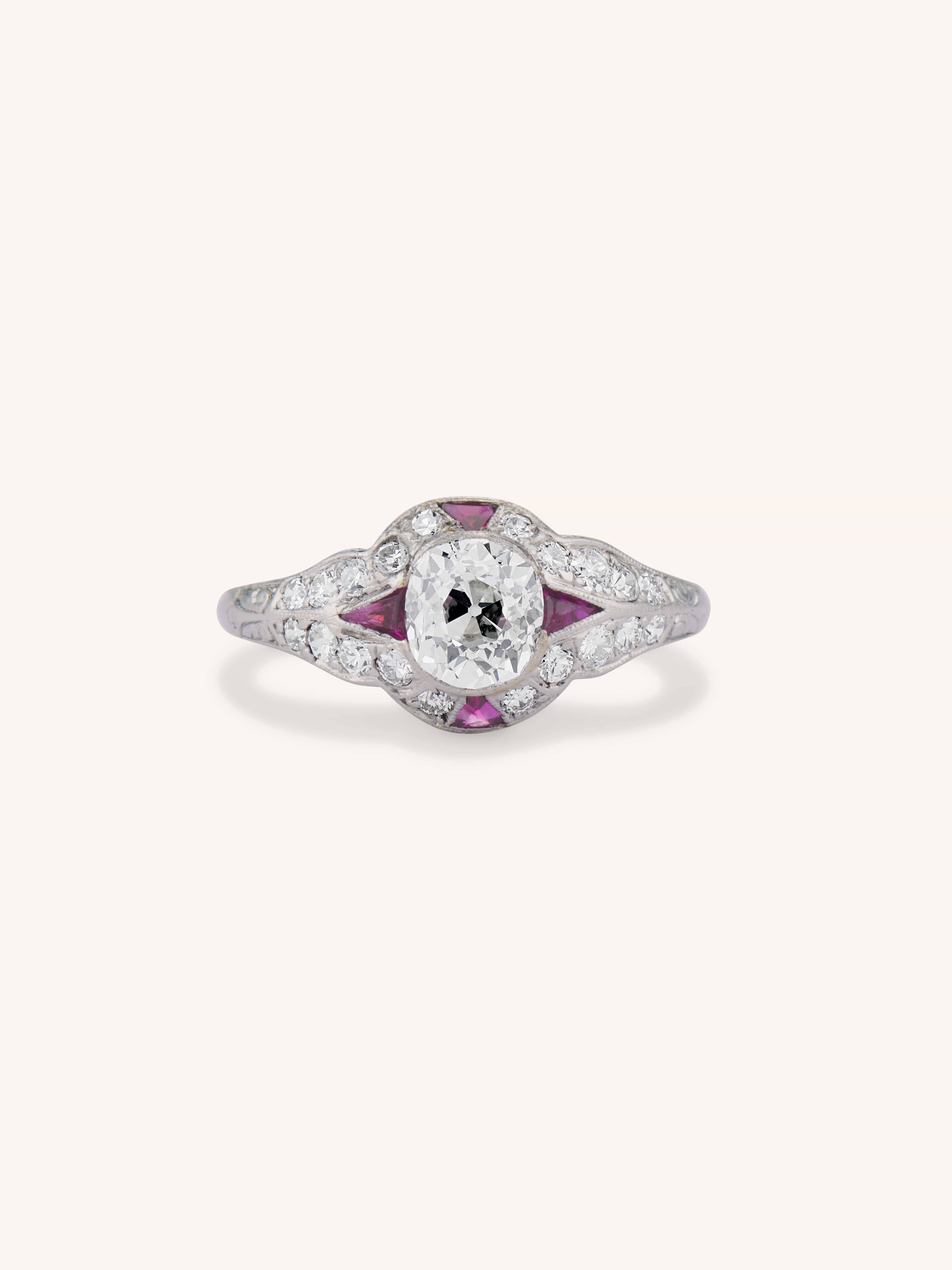 Art Deco 1.03 Carat Old Mine Diamond & Ruby Platinum Antique Engagement Ring