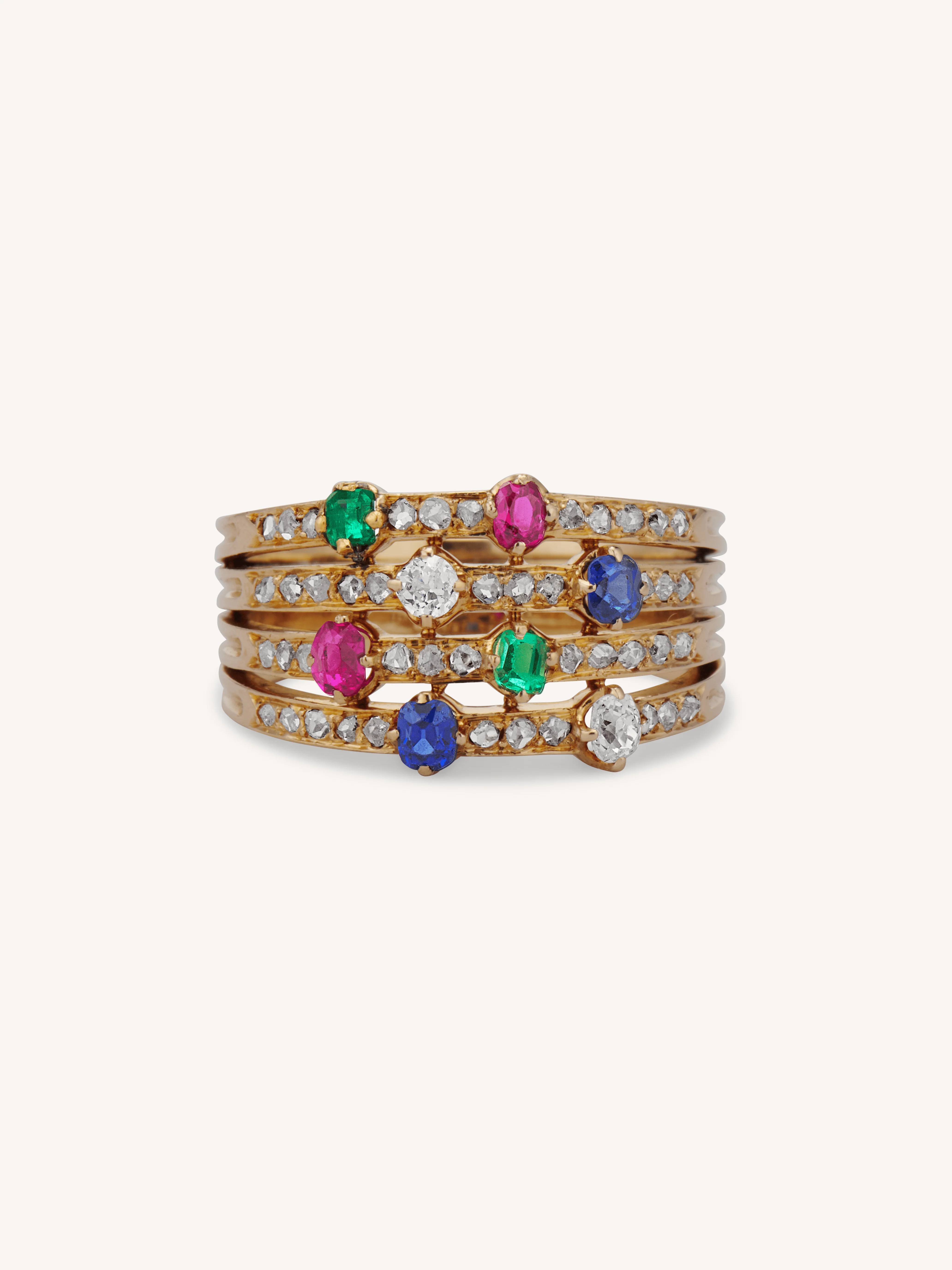 Early Victorian Multi Gemstone & Diamond Harem Ring, France