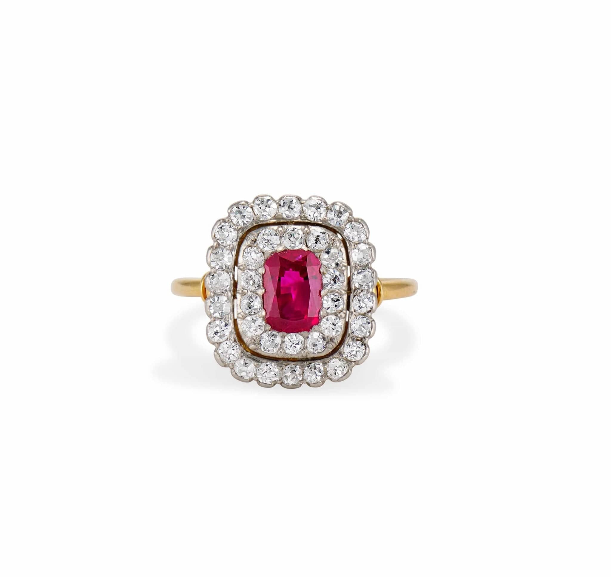 Edwardian 1.00 Carat Cushion Cut "Pigeon's Blood" Ruby & Diamond Cluster Engagement Ring