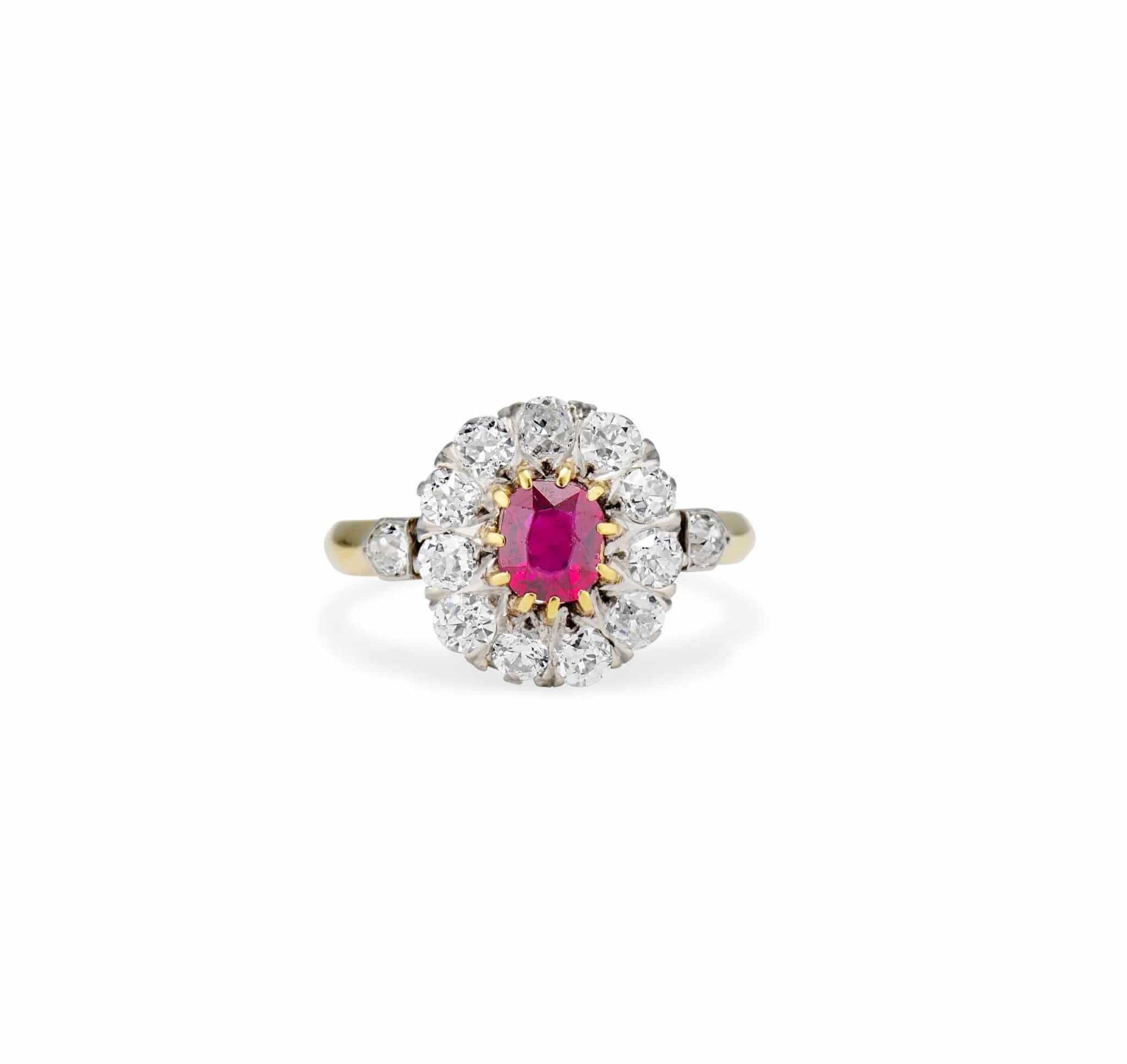 Edwardian .55 Cushion Ruby and Diamond Cluster Engagement Ring