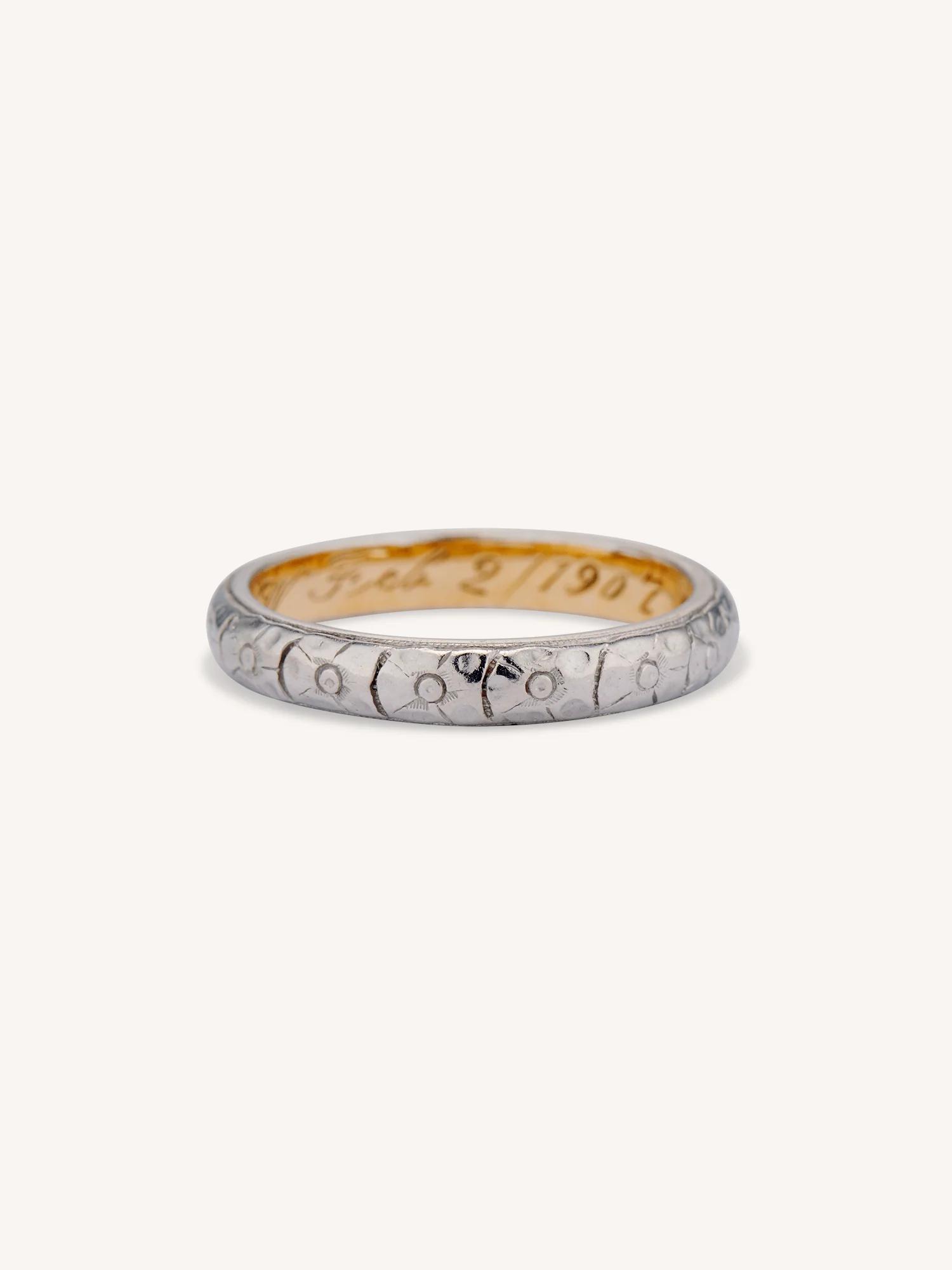 Edwardian Platinum & Yellow Gold Engraved Vintage Wedding Band, England - Size 6.5