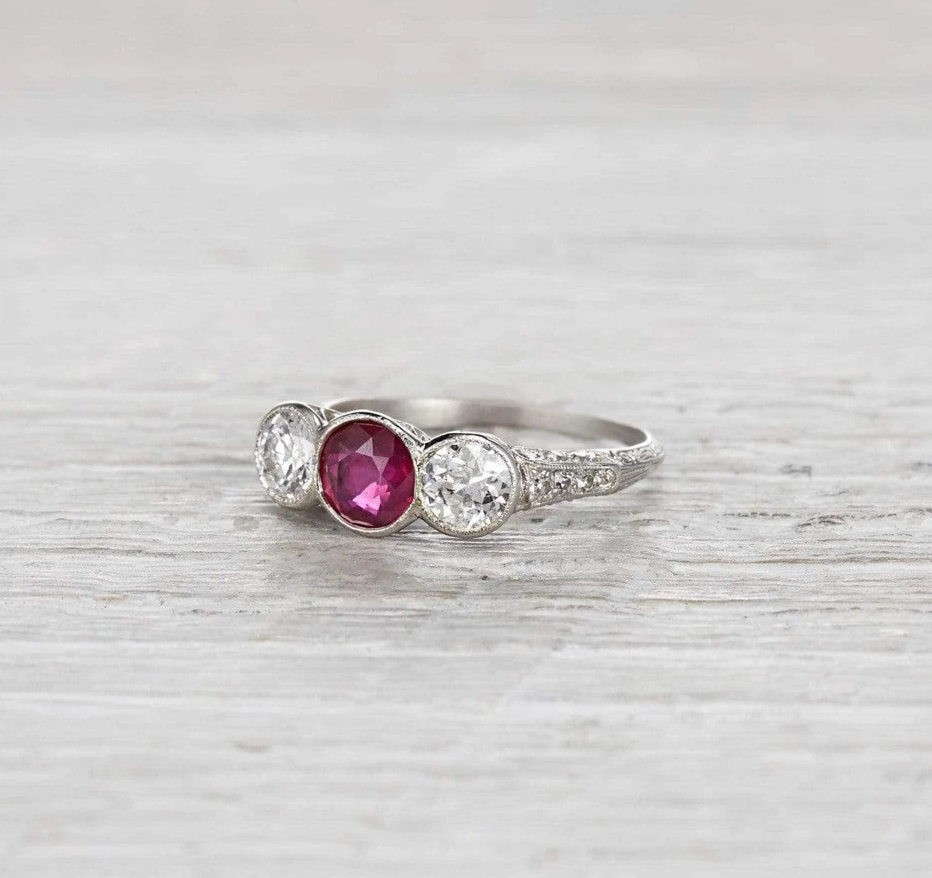 Edwardian Ruby and Diamond Three Stone Engagement Ring