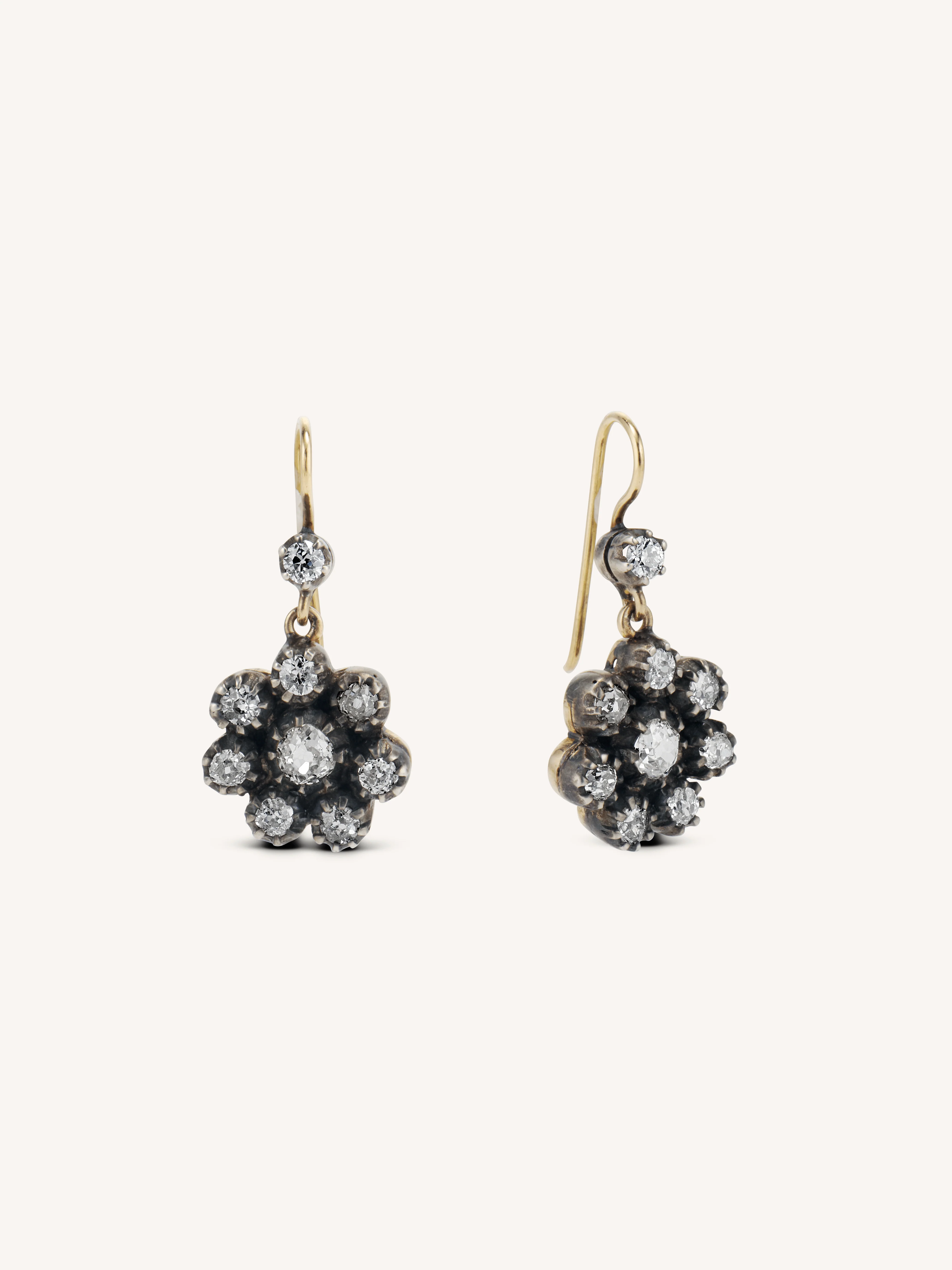 Estate Old Mine Cut Diamond Cluster French Hook Earrings - Image 3