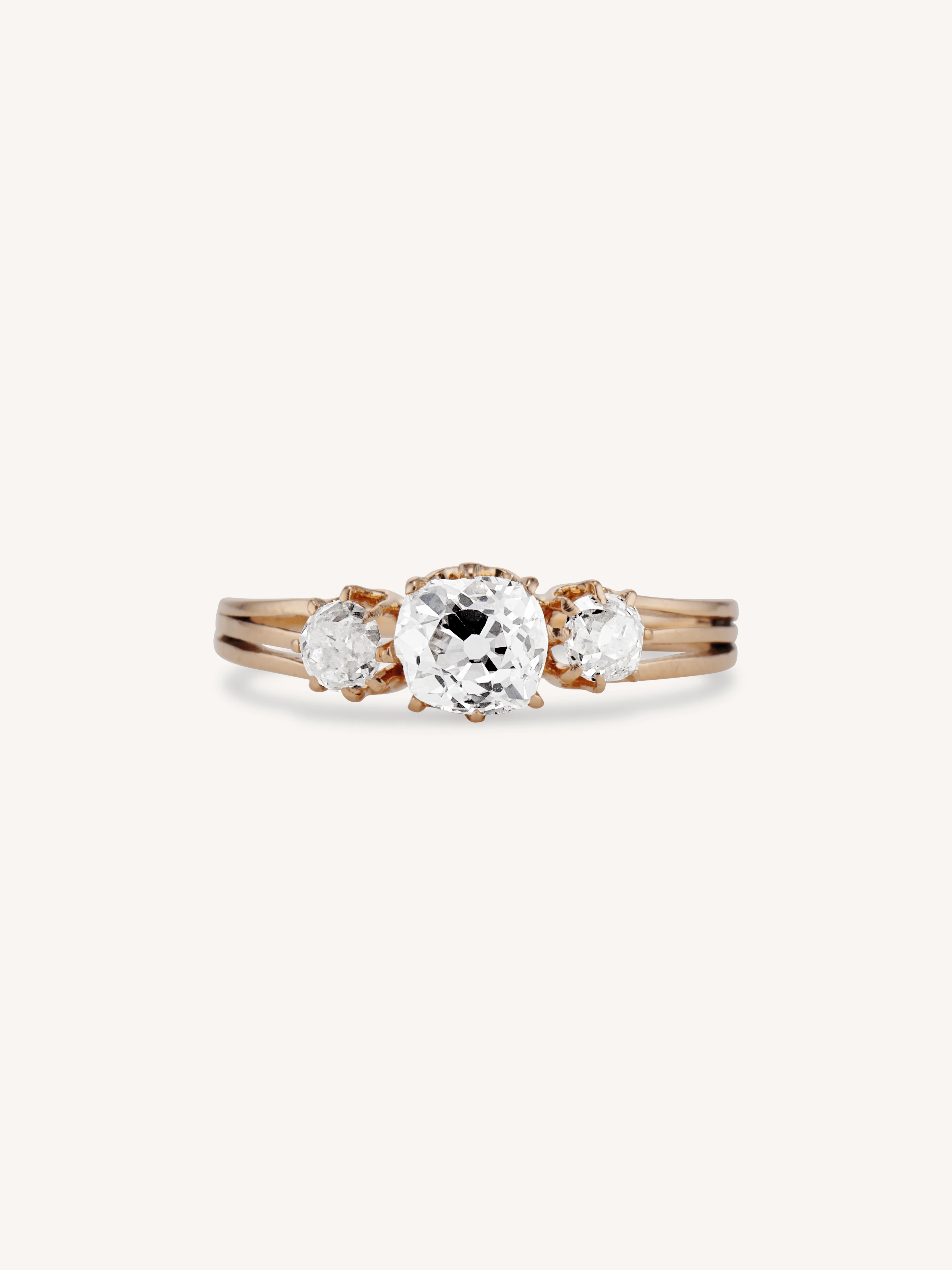 French Belle Époque Old Mine Cushion Three Stone Rose Gold Vintage Engagement Ring