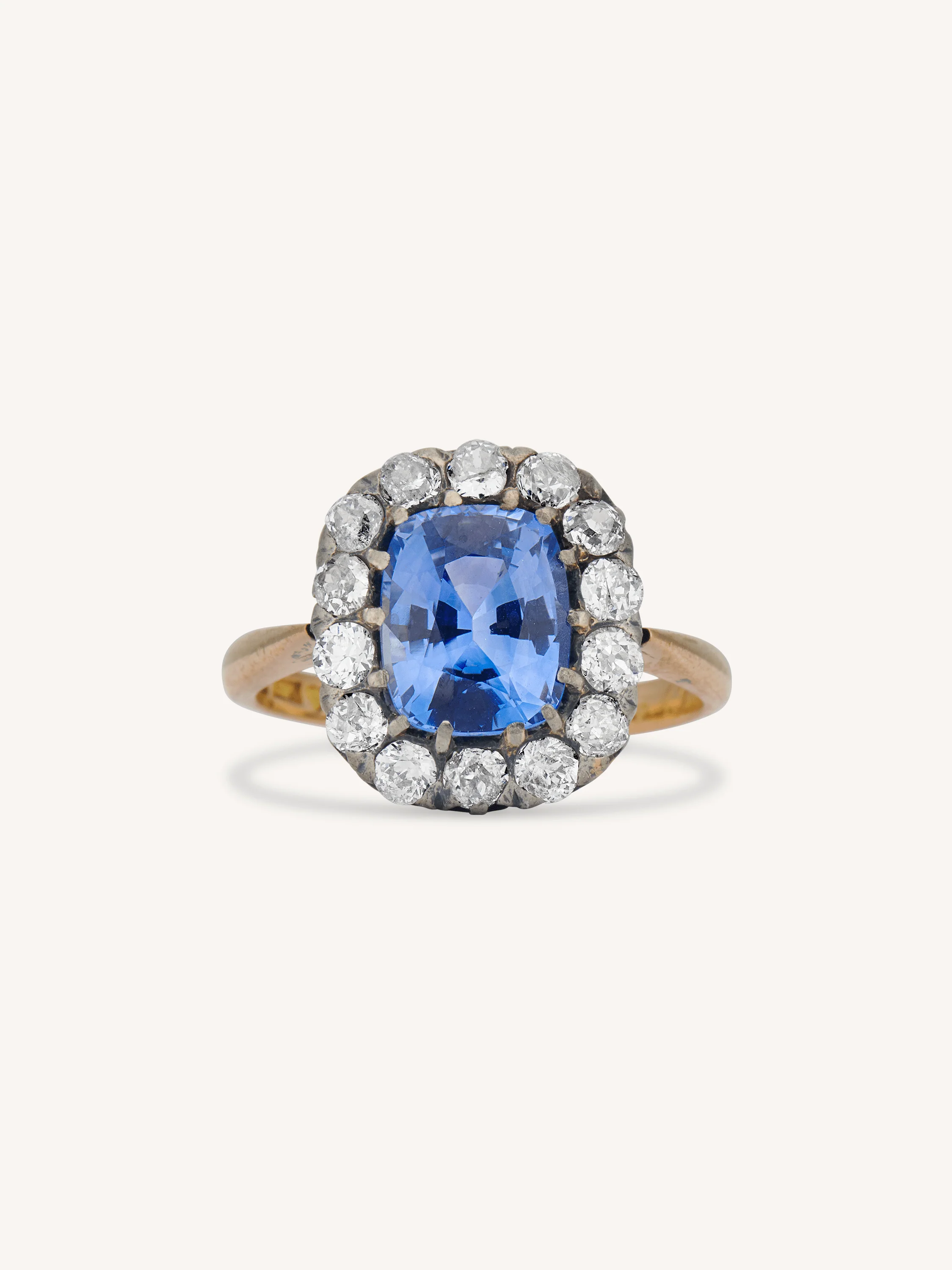 Early Art Deco 2.87 Carat Cushion Cut Ceylon Sapphire & Diamond Cluster Antique Engagement Ring, Sweden
