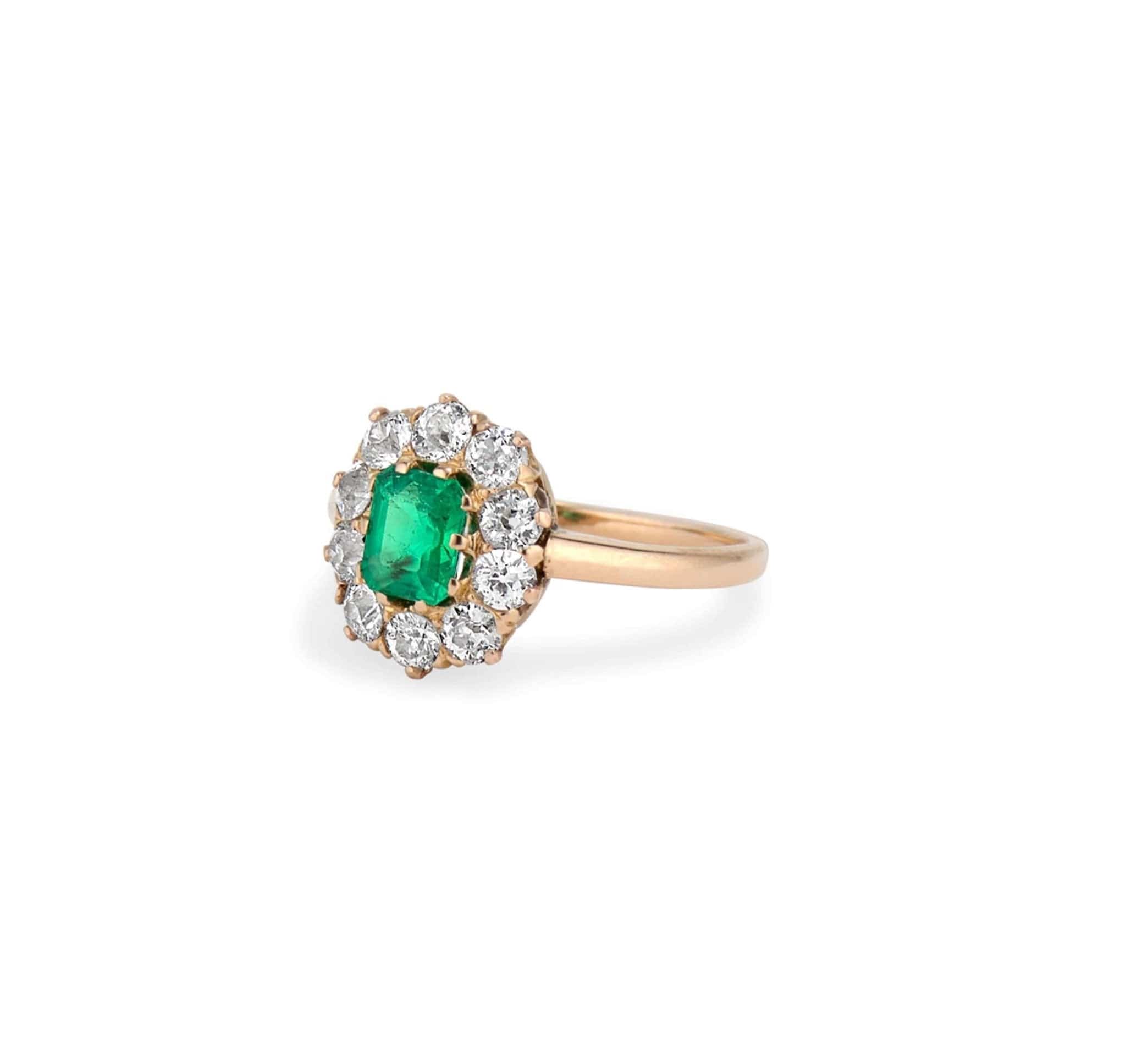 Victorian Antique Emerald and Diamond Cluster Ring