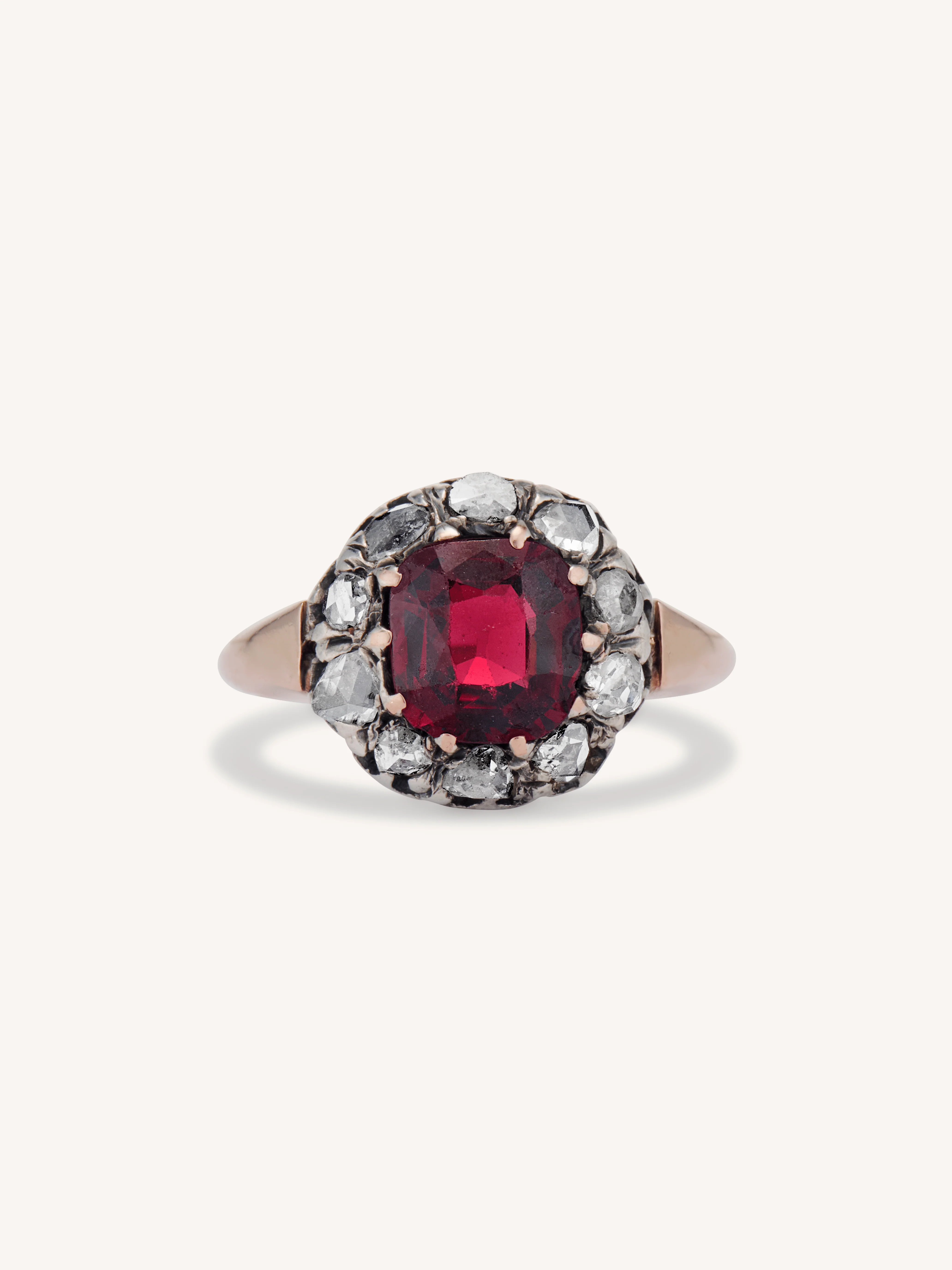 Victorian Cushion Cut Garnet & Rose Cut Diamond Antique Cluster Engagement Ring