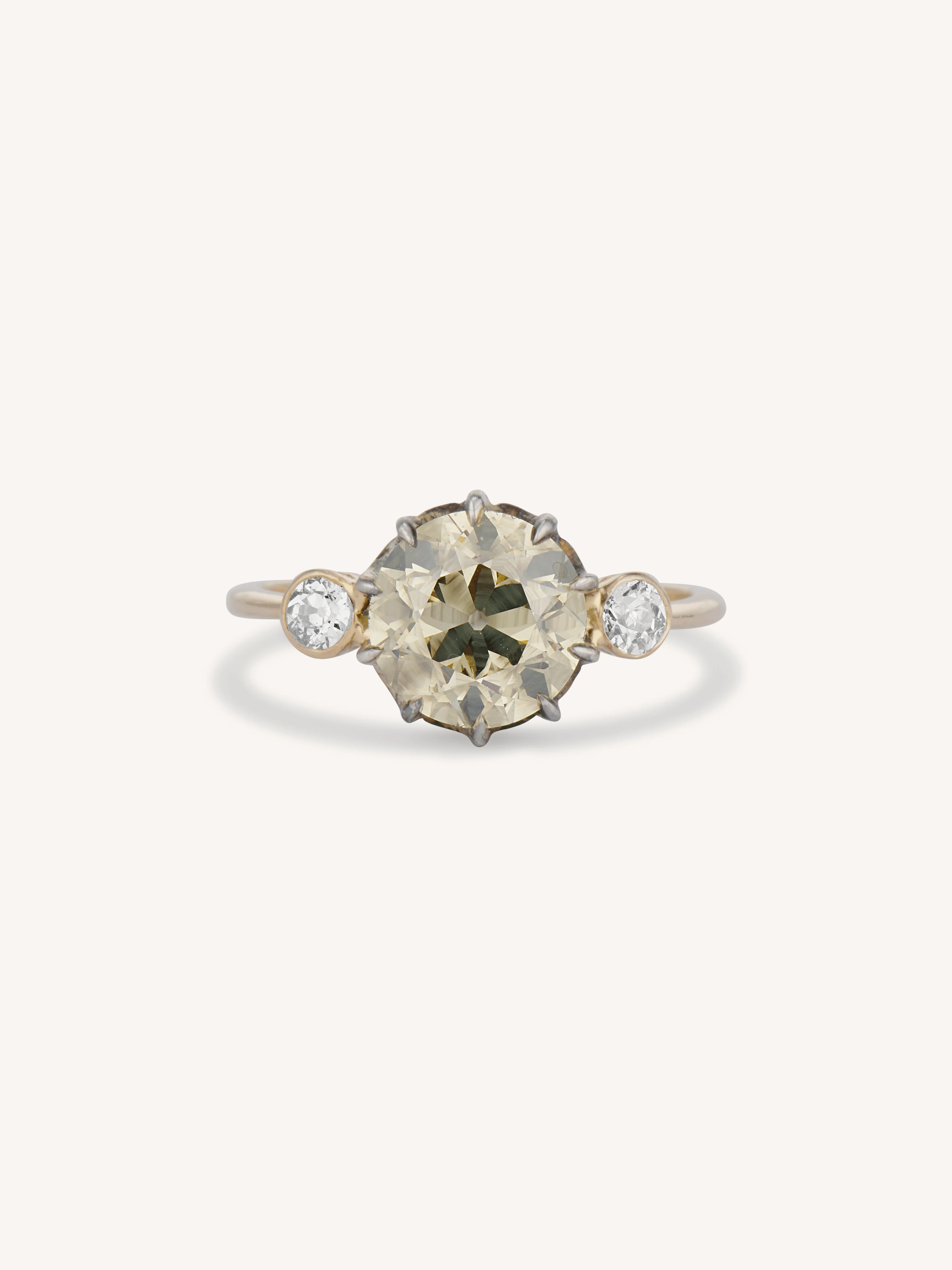 Victorian 2.84 Carat Fancy Brown-Greenish Old European Diamond Three Stone Antique Engagement Ring