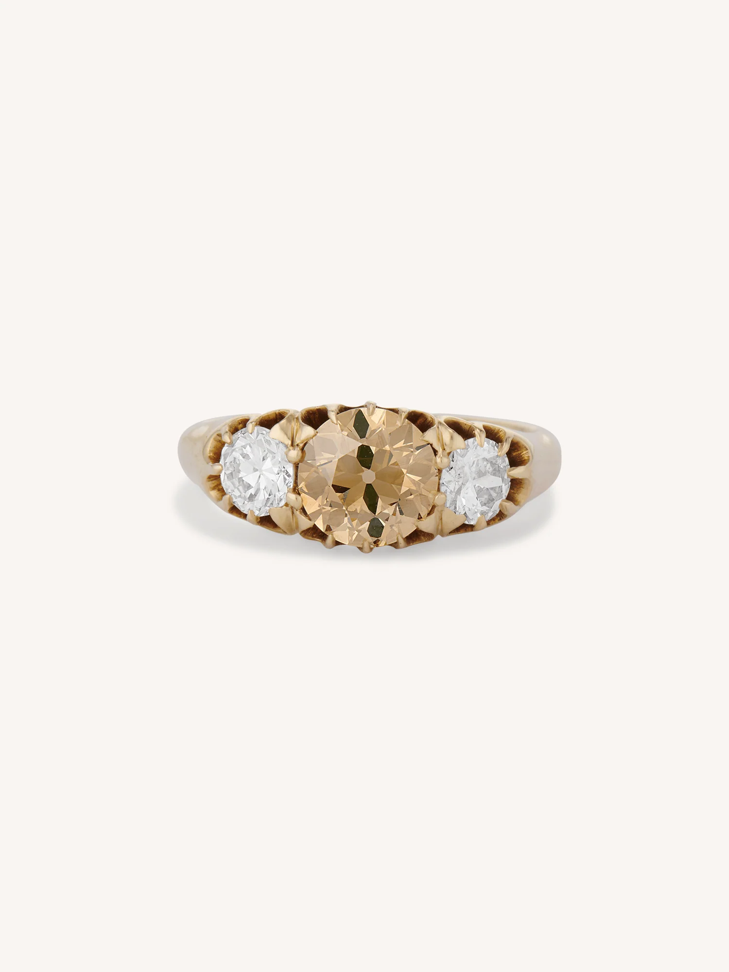 Victorian 1.30 Carat Old European Cut Fancy Brown & White Diamond Three Stone Antique Engagement Ring, England