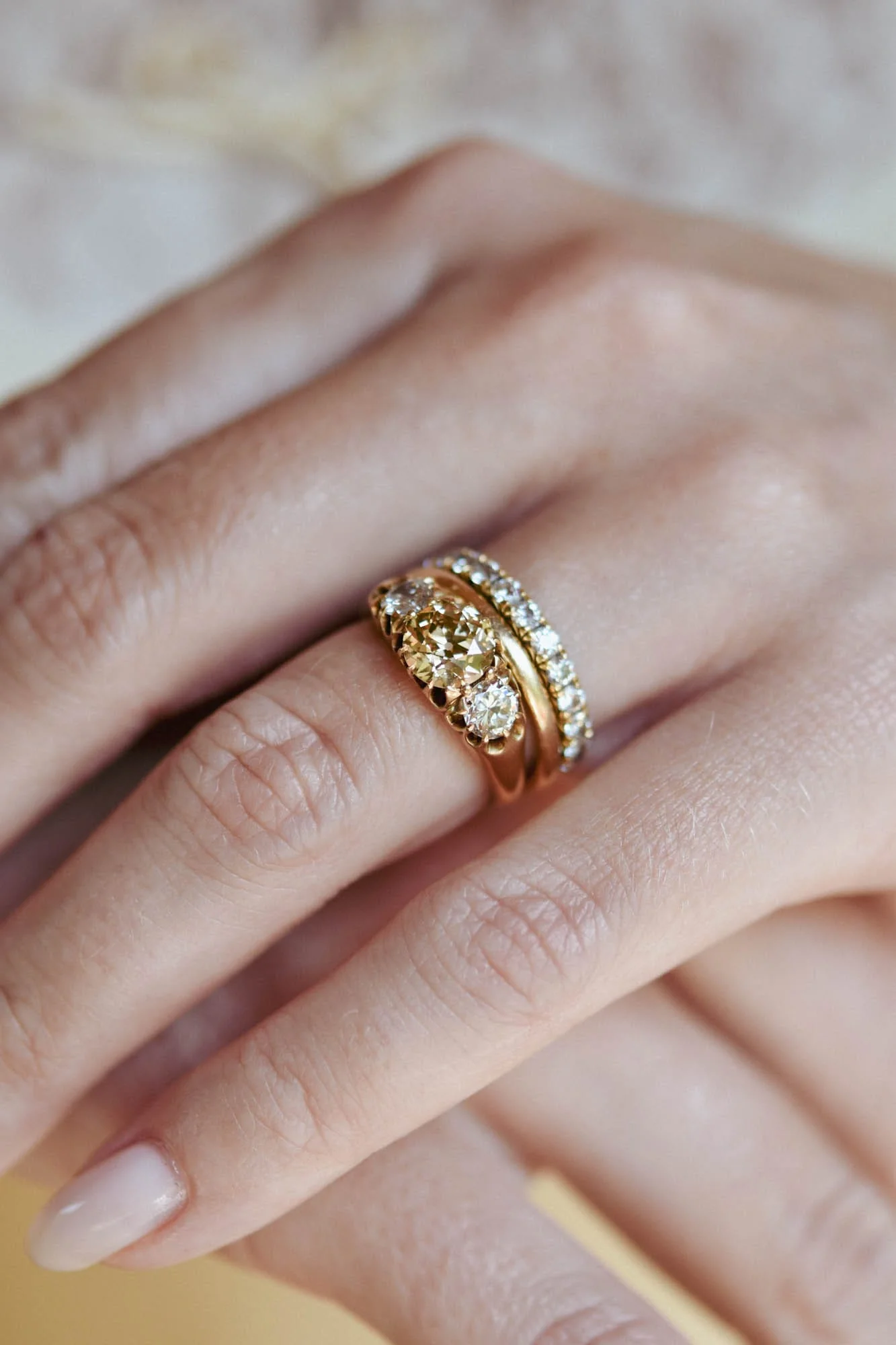 Victorian 1.30 Carat Old European Cut Fancy Brown & White Diamond Three Stone Antique Engagement Ring, England - Image 2