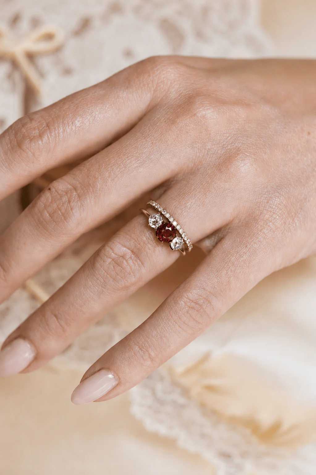 Victorian Red Spinel & Diamond Three Stone Antique Engagement Ring - Image 3