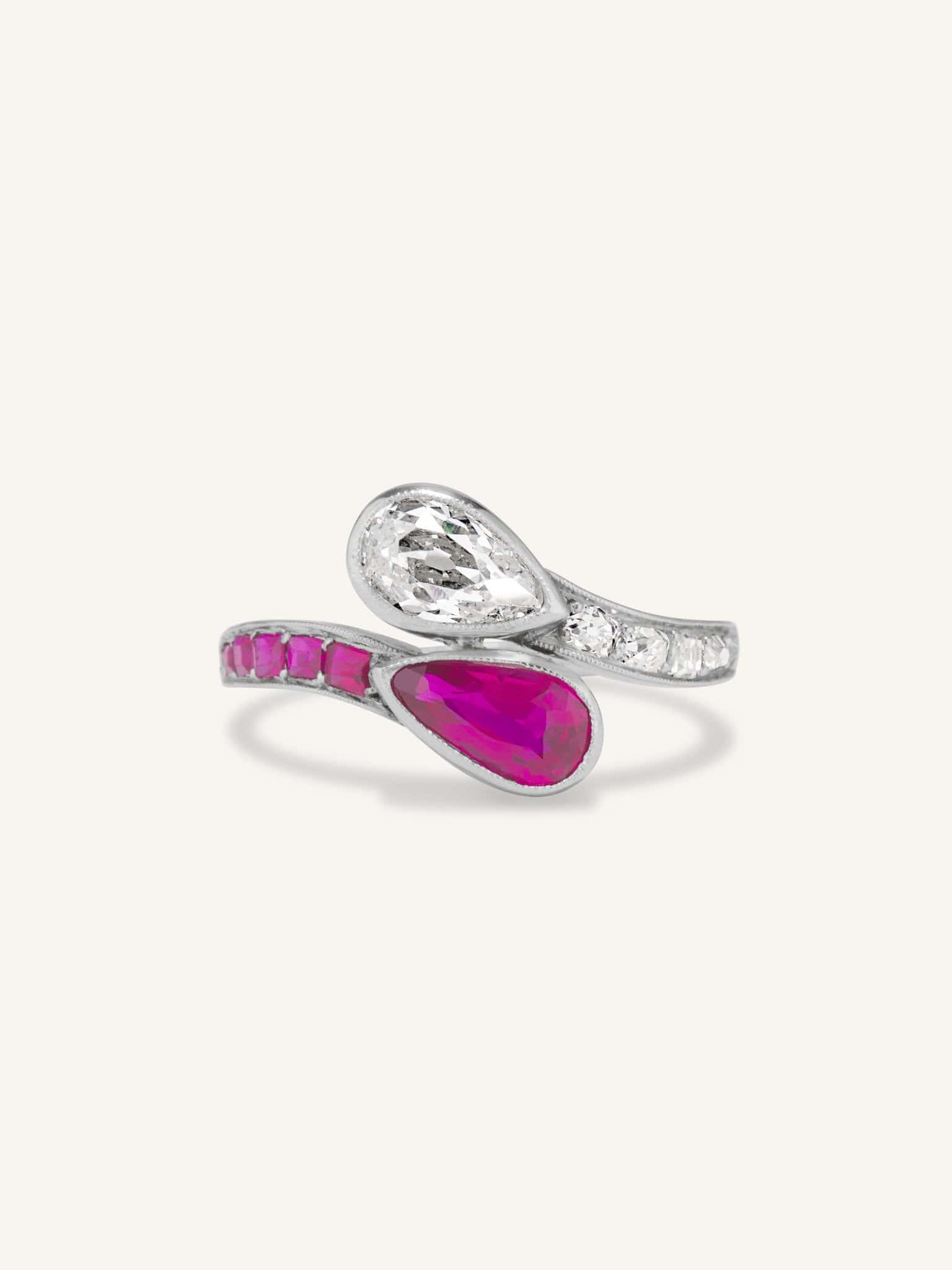Edwardian Pear Shape Diamond & Ruby Toi et Moi Ring